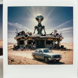 polaroid photograph, travel photography, driving past a terrifying alien standing in front of an abandoned cyberpunk bar made of scrap metal and scrap wood in the desert of a gloomy alien world, motion blur, brilliant lighting