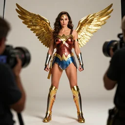 full body shots of beautiful actress gal gadot as wonder woman in her golden winged armor - raw, studio lighting, 8 k, photo shoot, 9 inch kershaw soft focus lens f / 5. 6