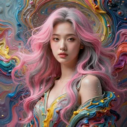 a portrait of a very beautiful young asian goddess with pink and grey hair radiating an artwork made of swirling paint and impasto by wlop and botticelli, background is multicoloured volumetric displacement, hyperrealism, subsurface scattering, arnold render, noise to volume, 8 k, houdini, xparticles