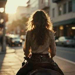 a 3 5 mm photo from the back of a woman in rodeo drive, splash art, movie still, bokeh, canon 5 0 mm, cinematic lighting, dramatic, film, photography, golden hour, depth of field, award - winning, anamorphic lens flare, 8 k, hyper detailed, 3 5 mm film grain