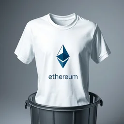 a photo of a white t - shirt, the shirt has a logo of ethereum which is inside a trash can, product photo, photorealism, contrast lighting, front lit