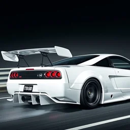 nsx type r in white with a large wing on the rear, action photo