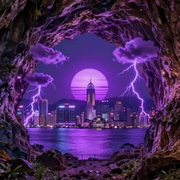in a cave with a miniature futuristic hyper - realistic view of hong kong : 4, beautiful neon lights : 6, highly symmetrical, balanced, purple lightning clouds : 3, octane render, violet sun : 2, in the style of sahm : 3, hd, 4 k, ultra - realistic, in unreal engine