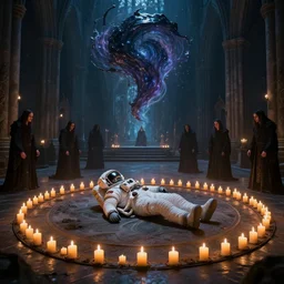 an astronaut laying in the middle of a spell circle of burning candles in an eerie cathedral surrounded by a group of cultists performing a ritual, there is a vortex of obsidian forming in the air above volumetric lighting, photorealistic, ultra detailed