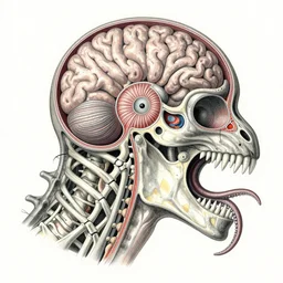 hyper-detailed color pencil antique medical illustration of Kaiju head cross-section, nautilus brain, ribcage, xhenomorph, with tentacles coming out of open mouth and exposed jaw bone, spinal column, cochlear region, cerebral corpus callosum, vastus lateralis, cerebellar peduncle, interventricular foramen, symmetrical H 768