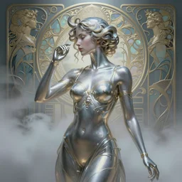 a pretty woman made of liquid metal surrounded by an environment designed by Joe Fenton, fog, volumetric lighting, intricate, elegant, highly detailed, digital painting, artstation, concept art, smooth, sharp focus, art nouveau, art by artgerm and greg rutkowski and alphonse mucha