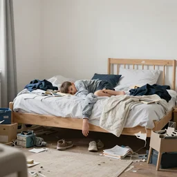a boy's bedroom showing signs of wear and habitation. cluttered.