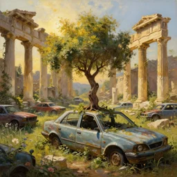 a tree growing on a scrap car in ancient greek ruins, many overgrown scrap cars, overgrown pillars and arches, vines, flowers, hyperrealistic, highly detailed, cinematic, ray of golden sunlight, beautiful, cgsociety, artstation, 8 k, oil painting by greg rutkowski, by artgerm, by wlop