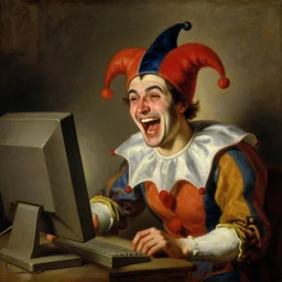 classical traditional painting of a jester laughing at a computer monitor, jester screaming laughing almost at the verge of tears he's so happy, classic masters oil painting