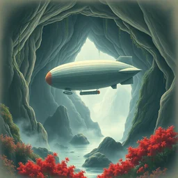 a beautiful pencil artwork of a large blimp hovering in a prehistoric jungle cave, mountains, vines, water, steam, red shrubs, lush flora, volumetric lighting, haze, 8 k