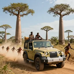 mahindra thar driving through madagascar with baobabs trees, tribe members chasing for an attach, action scene, an epic fantasy, artgerm and greg rutkowski and alphonse mucha, an epic fantasy, volumetric light, detailed, establishing shot, an epic fantasy, cinematic, photorealistic, ultrarealistic, trending on art station, octane render, midsommar