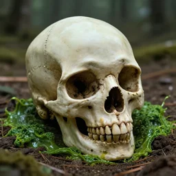 a alien skull in the ground with green stuff around it, realistic, 8 k, extremely detailed, cgi, trending on artstation, hyper - realistic render, 4 k hd wallpaper, premium prints available, by greg rutkowski