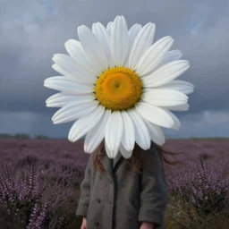 portrait, enormous daisy flower head, a girl wearing coat, in heather field, surreal photography, wind and cold, dramatic sky, impressionist painting, digital painting, artstation, simon stalenhag