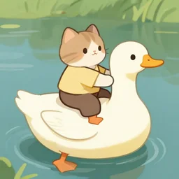 a anthropomorphic cat riding a giant duck, digital art