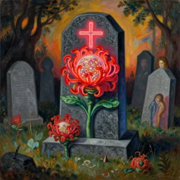 surreal tombstone of the future. neon light, rafflesia. painting by balthus, max ernst, moradi, bruegel, agnes pelton, roger dean