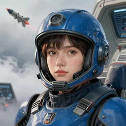 portrait of bluepunk armor airforce girl, helmet, control room, missile at sky, fog, highly detailed, digital painting, face detail, sharp focus, art, illustrations by loish and ayanamikodon and irakli nadar and rossdraws and wlop
