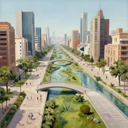 an optimistic futuristic pedestrian city with landscaped streams, idyllic crossing bridges, by diego rivera