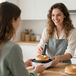 a woman that is extremely happy about a young woman receiving her new bagel slicer from the future in the mail from amazon, 8 k,