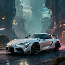 Toyota Supra J29 (2020), Risk of Rain 2 (PC), a sci-fi outland, abstract outlands, dramatic lighting, cinematic, establishing shot, extremely high detail, photorealistic, cinematic lighting, artstation, by simon stalenhag
