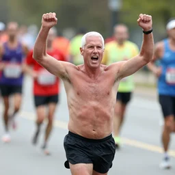 shirtless mike pence running marathon hands in air screaming shouting