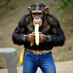 a Chimpanzee, dressed as Wonder Woman, wearing tight fit Blue Jean pants, is peeling a ripe banana, photographed in the style of Annie Leibovitz, photorealistic