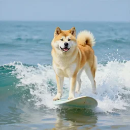 painting of an american akita surfing