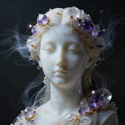 abstract female face sculpture made of white marble and amethyst crystals quartz, ethereal lights, fine details, artstation. com, film still, cinematic photoshooting, luxury, strong wind, dark mood, sad, liquid acrylic painting, optical cables, cold colors, golden filigree, lens flares, octane render