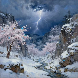 a beautiful oil painting of a rocky valley covered in snow, sakura with cyan and orange leaves, thunderstorm in the sky, blue lighting, gloomy, atmospheric lighting, detailed, by greg rutkowski, trending on artstation