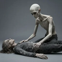 an very old photo of slenderman grabbing a dead body
