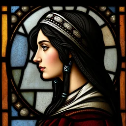side - view portrait of yennefer, 1 0 th century stained glass window, very masterful