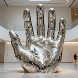 hand shaped generative design structure in a museum, modern art installation, bioceramic reflelctive material