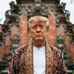 trump wearing batik bali in bali. temple background. front view. instagram holiday photo shoot, perfect faces, corrected faces, 3 5 mm, award winning photography