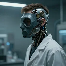 a half - masked young laboratory engineer man with cybernetic enhancements as seen from a distance, scifi character portrait by greg rutkowski, esuthio, craig mullins, 1 / 4 headshot, cinematic lighting, dystopian scifi gear, gloomy, profile picture, mechanical, half robot, implants, steampunk