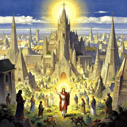 the holy nation, fantasy city art by john berkey and noriyoshi ohrai