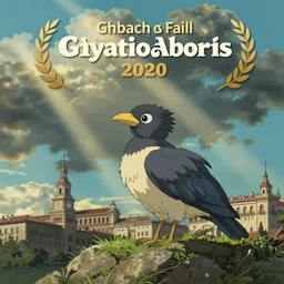 A still of a Ghibli studio movie portraying a bird on Madrid