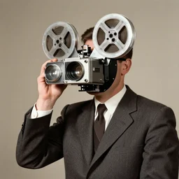 man wearing a reel projector mask, in a suit, 1960 photograph