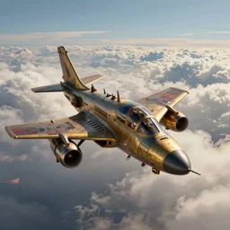 a steampunk jet fighter diving through the cloudscape, far away, 8 k, matte painting, in the style of greg simkins and leonardo da vinci and bouguereau,