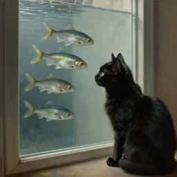 conceptual art of a black cat looking at fish swimming through a transparent door, realistic painting, classical painting, high definition, digital art, matte painting, very detailed, realistic