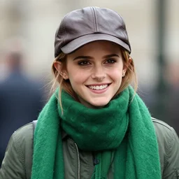 headshot of a smiling, emma watson, she is wearing a leather bomber cap on her head, she is also wearing an a 2 flight jacket, a long green wool scarf is wrapped around her neck