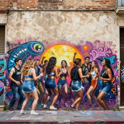amazing graffiti on an old wall, people partying, hyper detailed, photorealistic, hd