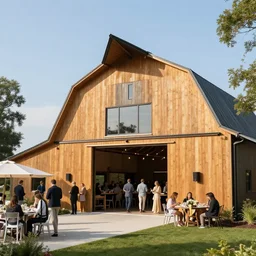 modern wooden barn with party outside, photography