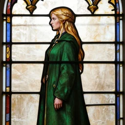 side - view portrait of triss merigold, long green coat, tenth century stained glass window, beige and brown background, very masterful