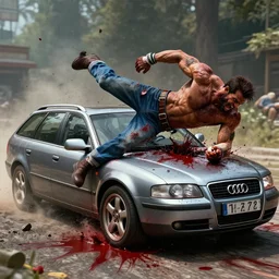 mortal kombat 1 1 gameplay footage of a denim audi a 4 b 6 avant ( 2 0 0 2 ) performing a brutality by running the enemy over gruesomely, blood, gibs, blood splatter