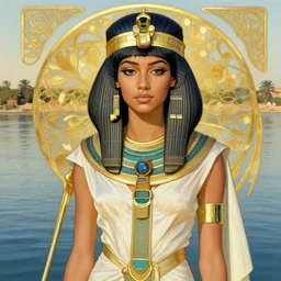 zendaya as isis the Egyptian goddess, a beautiful art nouveau portrait by Gil elvgren, Nile river environment