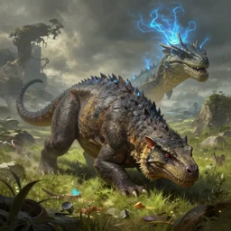 a large carnivorous burrowing reptile in a large electric meadows boss battle fantasy artwork epic detailed and intricate digital painting trending on artstation by wlop octane render