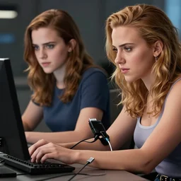 a girl who is a mix of emma watson and scarlett johansson and nathalie portman, using a device to connect herself to a computer through an usb cable and a port in her arm, cables, it, very detailled, by david rutkowski and artgem