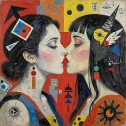 beautiful painting of two bizarre psychedelic women kissing each other closeup in japan, speculative evolution, mixed media collage by basquiat and junji ito, magazine collage art, paper collage art, sapphic art, lesbian art