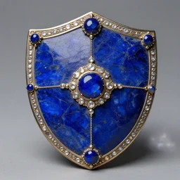 photograph of a real-life lapis lazuli shield with jewels.  Extremely detailed. 8k