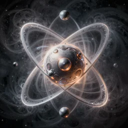 surreal fractal image of the nuclear of an atom orbited by electrons