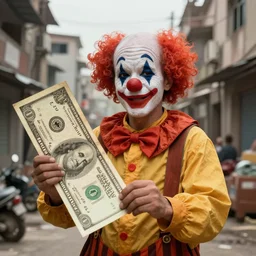 A poor clown holding a giant dollar banknote, background is a slum, cinematic, epic, highly-detailed